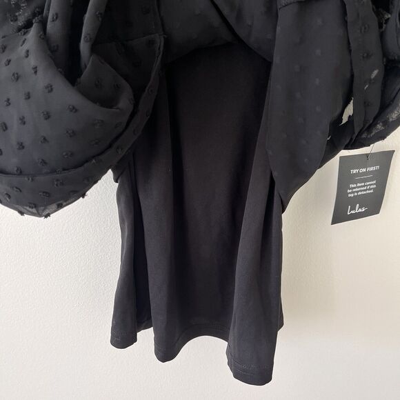 Lulus Black Swiss Dot Mini Wrap Dress - Medium - Picture 6 of 12